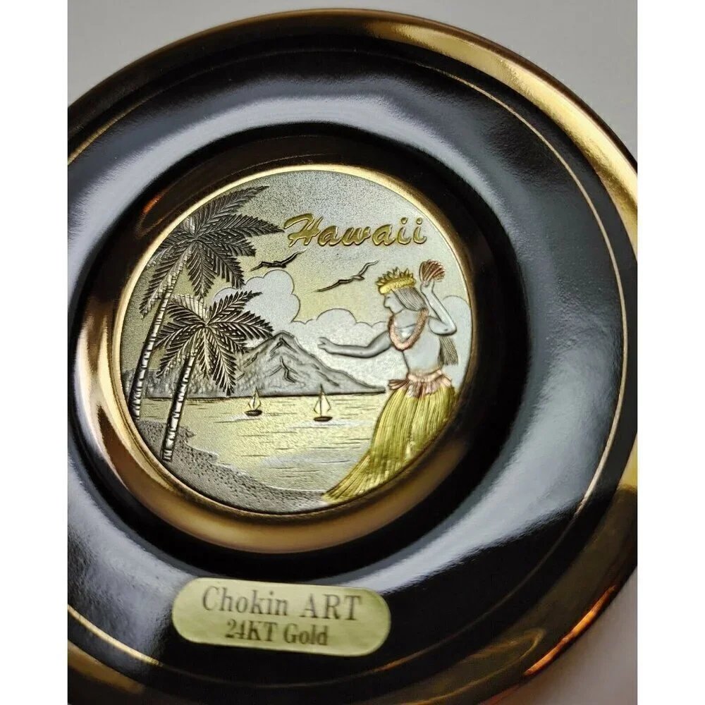 Chokin Hawaii Art Etched 24 KT Black Gold Rim Art And Deco Ornamental Plate VTG